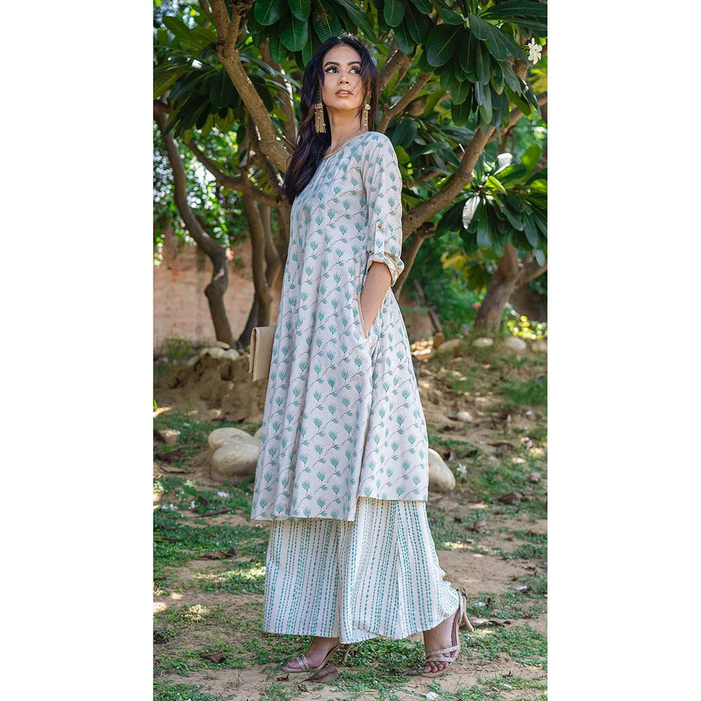 GRASS & SUNSHINE Printed Cotton Silk Kurta with Palazzo (Set of 2)