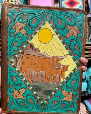 Leather Hand Tooled Western Portfolio with Zipper Close