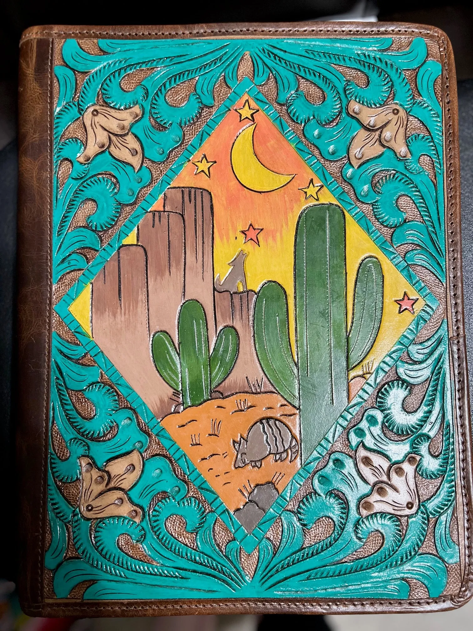 Leather Hand Tooled Western Portfolio with Zipper Close