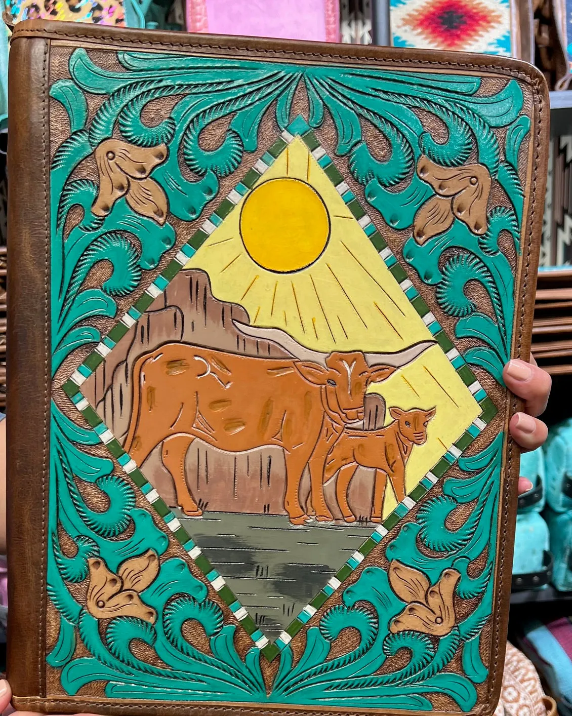 Leather Hand Tooled Western Portfolio with Zipper Close