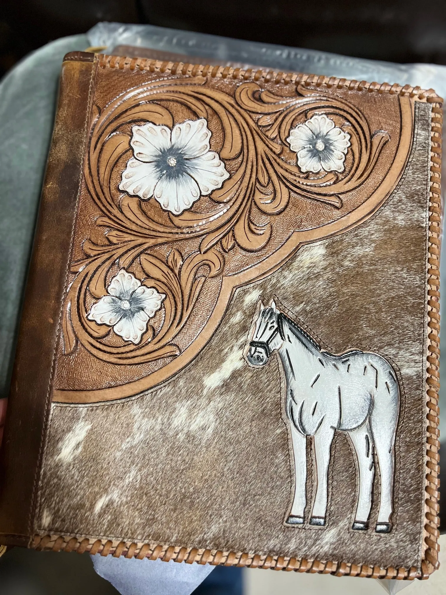 Leather Hand Tooled Western Portfolio with Zipper Close
