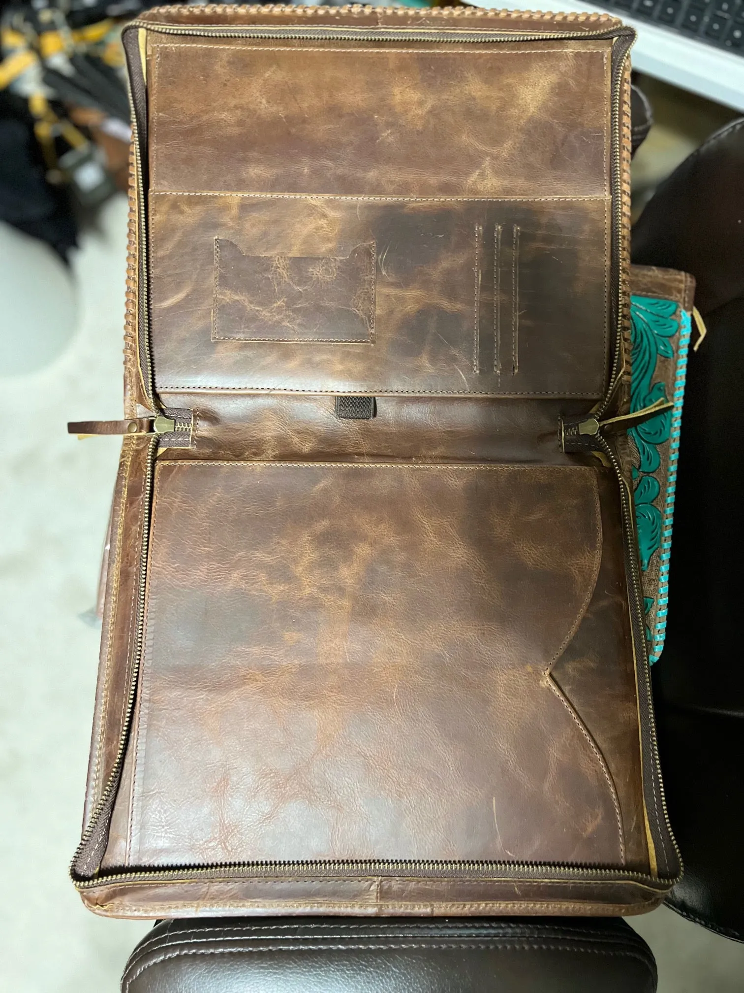 Leather Hand Tooled Western Portfolio with Zipper Close