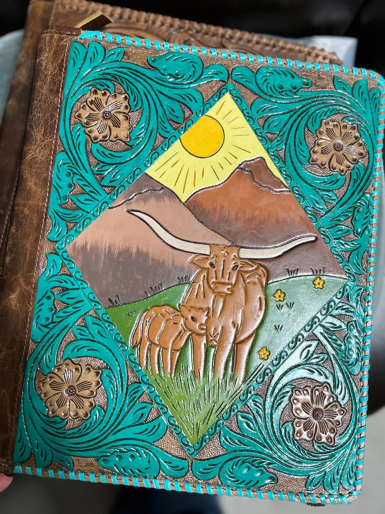 Leather Hand Tooled Western Portfolio with Zipper Close
