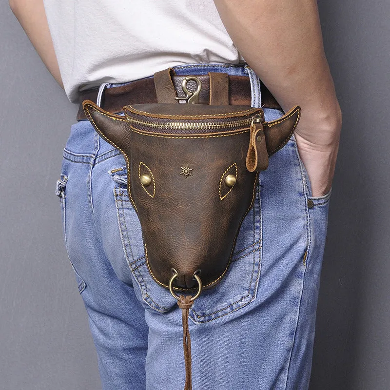 Leather Retro Bull Head Large Capacity Belt Bag