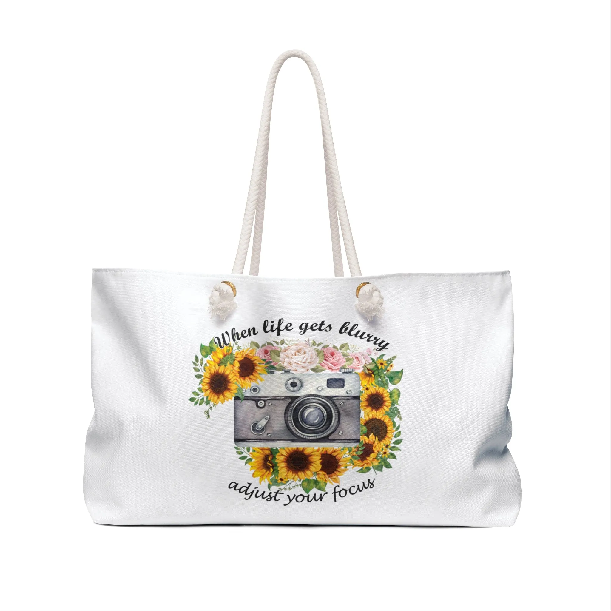 Personalised/Non-Personalised Weekender Bag, Sunflowers, When Life Gets Blurry Adjust Your Focus, Large Weekender Bag, Beach Bag, Book Bag